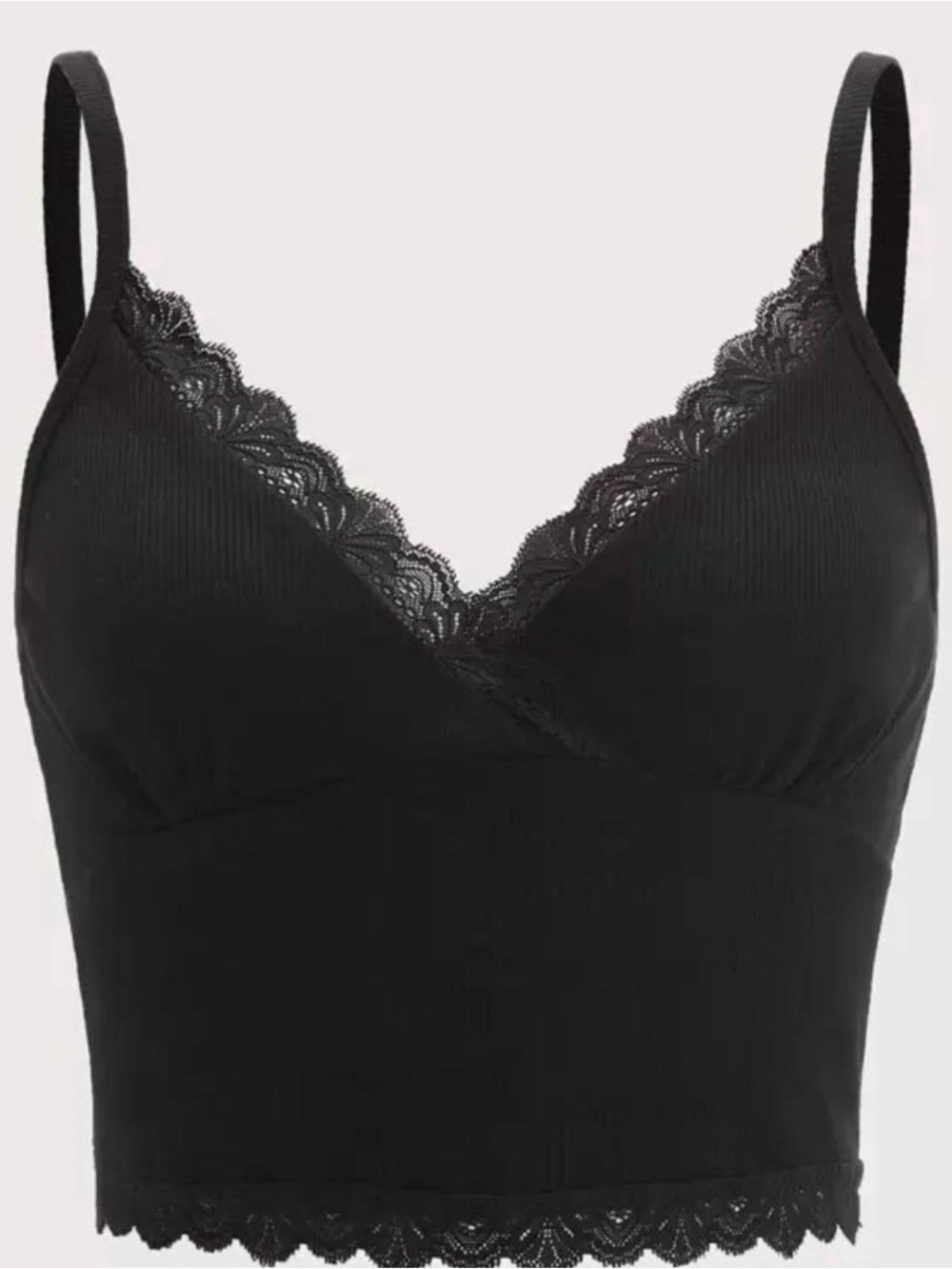 SHEIN Black Lace Trim Ribbed Bralette Cami